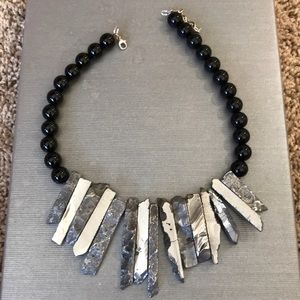Black Onyx and Silver Plated Agate Spikes Necklace